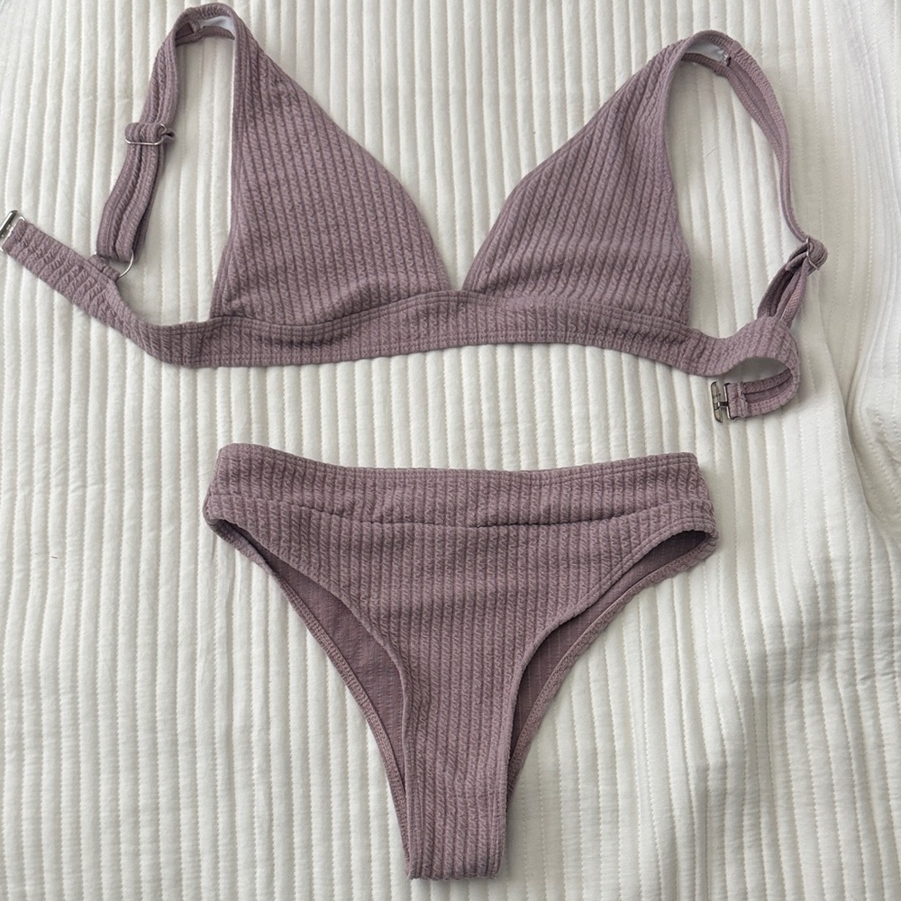 Ribbed Triangle Bikini Set - Mauve